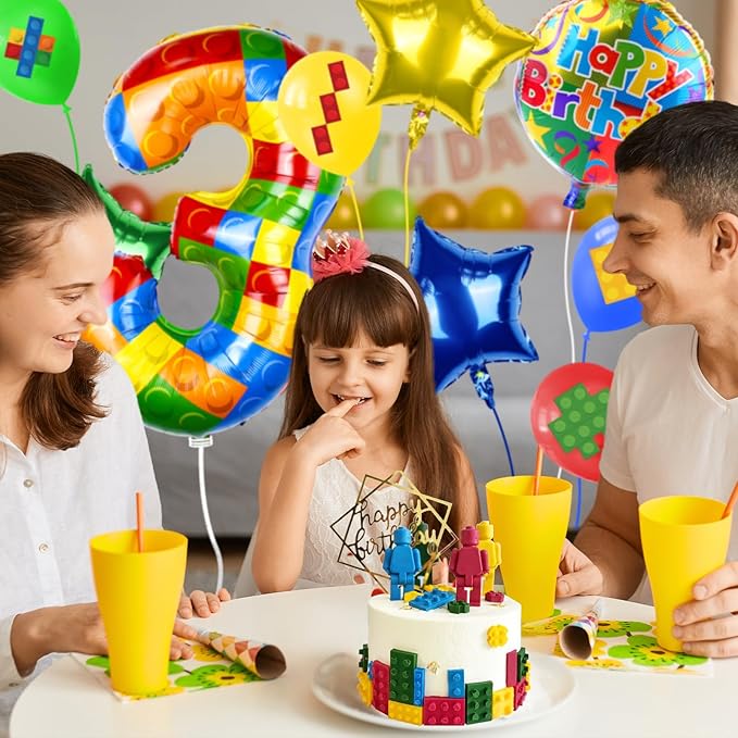 40 Inch Building Block Number Balloon, Colorful Number Block Foil Number 3 Balloons Large Big Numbers Helium Balloon for Girls Boys 1th Birthday Brick Theme Party Decorations (Number 3)