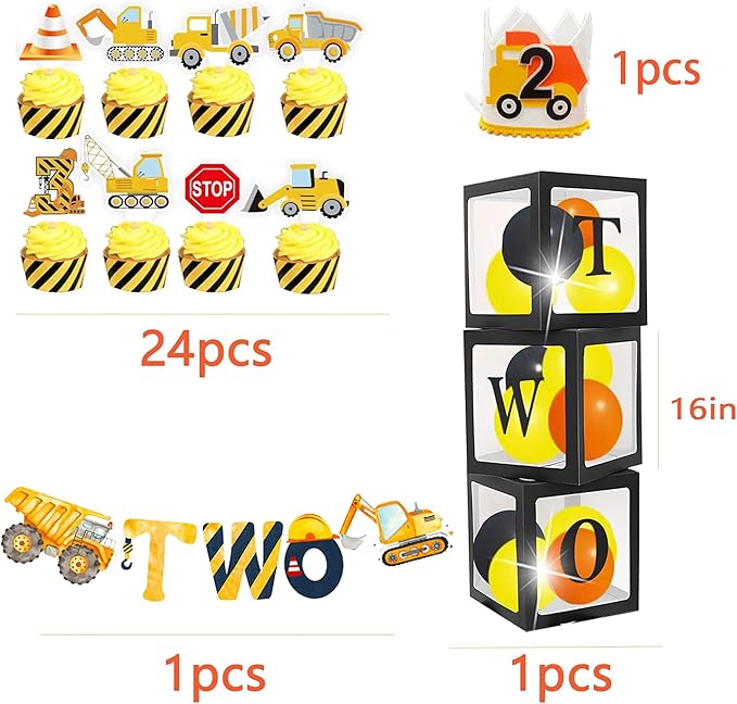Construction 2nd Birthday Party Supplies ,Dump Truck 2nd Birthday Party Decorations Tableware Includes Box Cutout Sash Plates, Cup, Napkin, Balloon, Backdrop, Tablecloth, Banner, Construction 2nd
