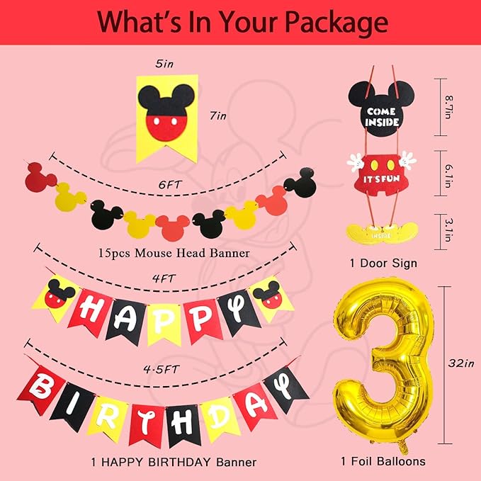 Cartoon Mouse 3rd Birthday Party Decorations - 3 Years Old Boy Party Supplies Includes Birthday Banner Garland, Door sign, Tablecloth, Cake Cupcake Toppers, Mouse Head Balloons, Latex Balloons
