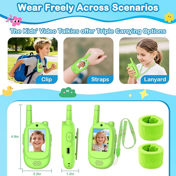 Video Walkie Talkies for Kids, 2 Pack Rechargeable Real-Time Video Chat & Voice Changer Walkies Talkies with Watch Straps, Long Range Family Games, Outside, Gifts for Boys Girls Ages 3-12 Green