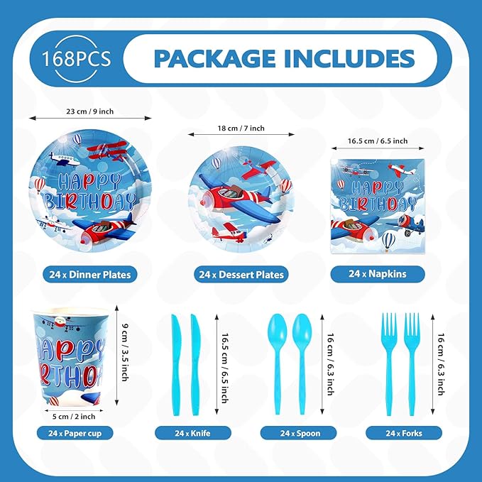 168Pcs Airplane Birthday Party Supplies Red and Blue Airplane Plates Napkins Cups Little Explorer Tableware Sets Pilot Plane Theme Decorations for Baby Shower Birthday Party Decorations Serves 24