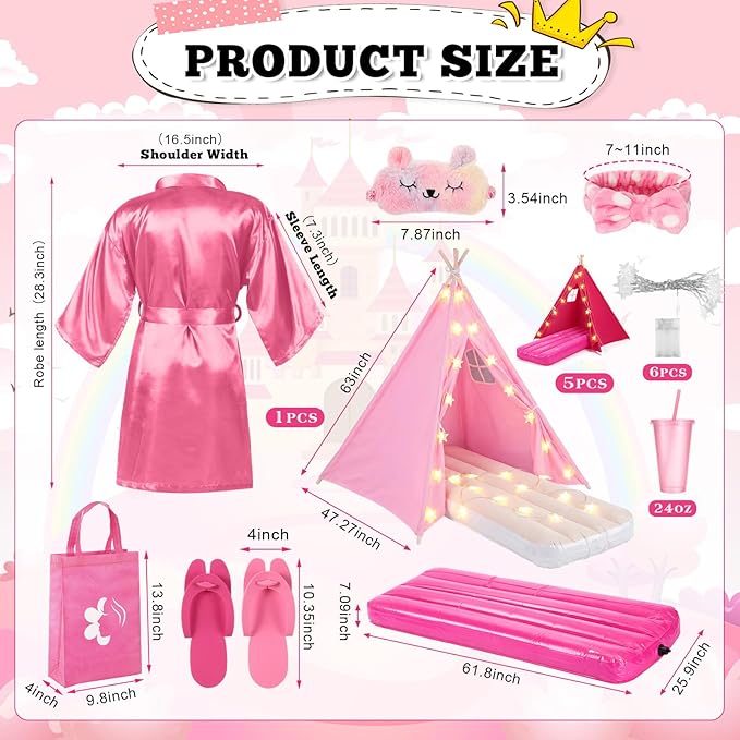6 Set Sleepovers Teepee Tents Spa Party Robes Supplies Bulk with Inflatable Airbed and Light String, Party Supplies for Birthday Movie Spa Favors Gifts Indoor Outdoor(1 Pink,5 Rose Red)