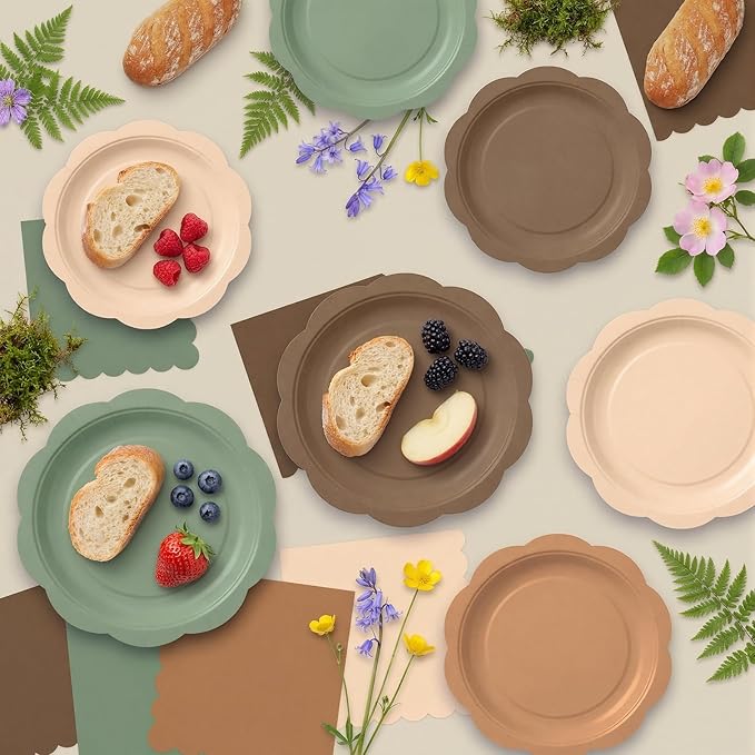 LemonRoad 100 Pcs Woodland Baby Shower Decorations, Sage Green Brown Forest Paper Plates Napkins Plastic Tablecloth Set for 24, Forest Animal 7" & 9" Scalloped Plates for Safari Jungle Party Supplies
