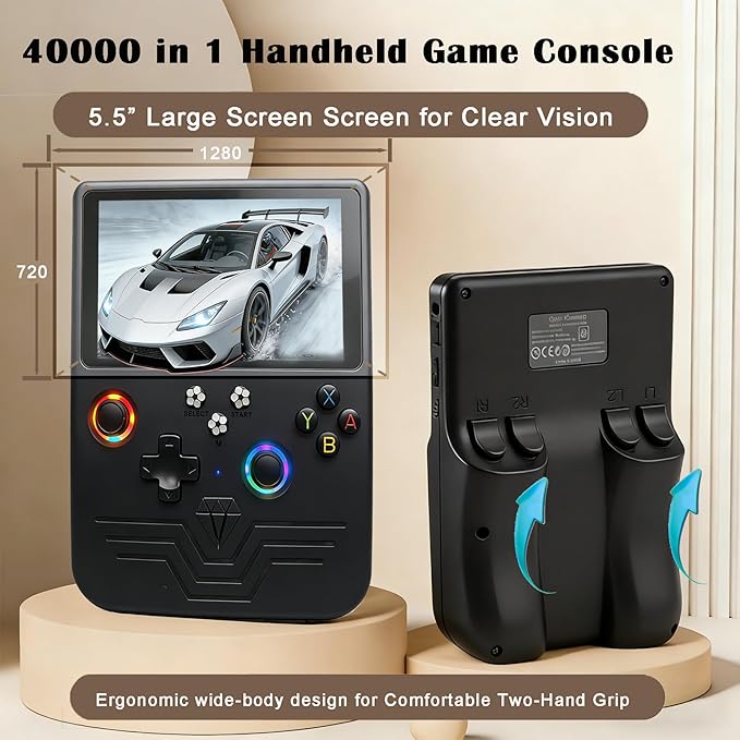 RegiisJoy R60 MAX 40000 in 1 Handheld Game Console, 5.5 Inch IPS Screen Retro Gaming Consoles Main Emulators, Portable Mini Pocket Arcade 6000mAh Battery,128G TF Card,RGB Joysticks Black