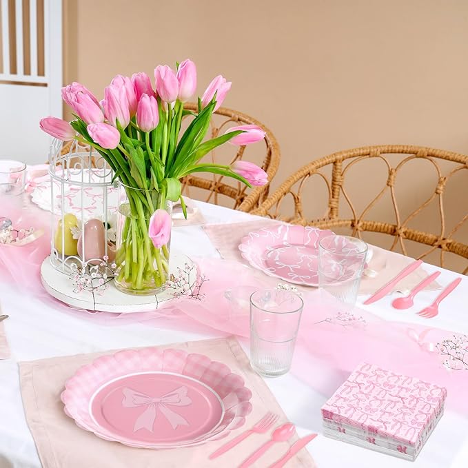 350 Pcs Pink Bow Birthday Party Supplies Include Bow Plates Napkins Disposable Tableware Set Coquette Birthday Decorations for Girls Wedding Bridal Baby Shower Serve 50 Guest