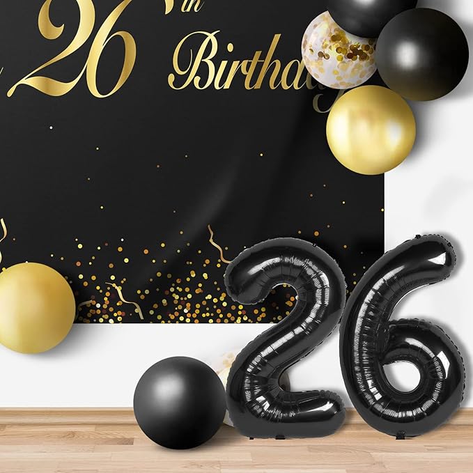 Happy 26th Birthday Balloons Black Set Decor - Cheers to 26 Years Old Party Theme Garland Banner Backdrop Decorations For Women and Men Supplies