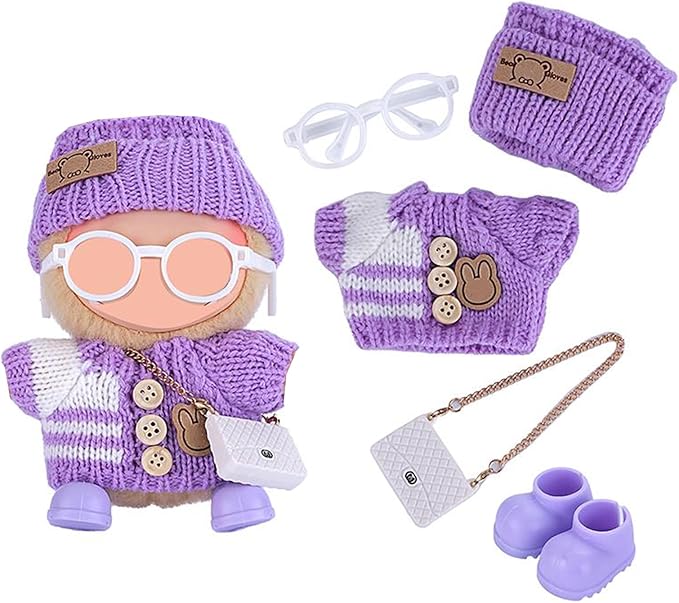 Knitting Outfit Set for 17cm Dolls, 4 Cozy Sweaters with Hats, Shoes, Glasses Bags, 6.7-Inch Doll Accessories, Gift Idea, (No Dolls)