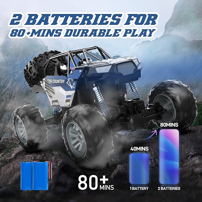 DEERC Large 1:8 Scale Monster Truck for Adults and Boys, Upgraded Remote Control Car with Realistic Sound, 4WD All Terrain RC Toy with 2 Batteries for 80 Minutes Play