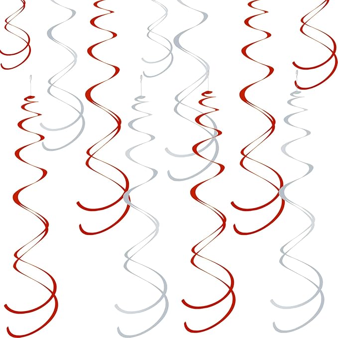 Colorful Ceiling Swirl Foil Decorations Hanging Plastic Streamer Themed Swirl Party for Christmas Graduation Celebration, Pack of 28 (Red and Sliver)