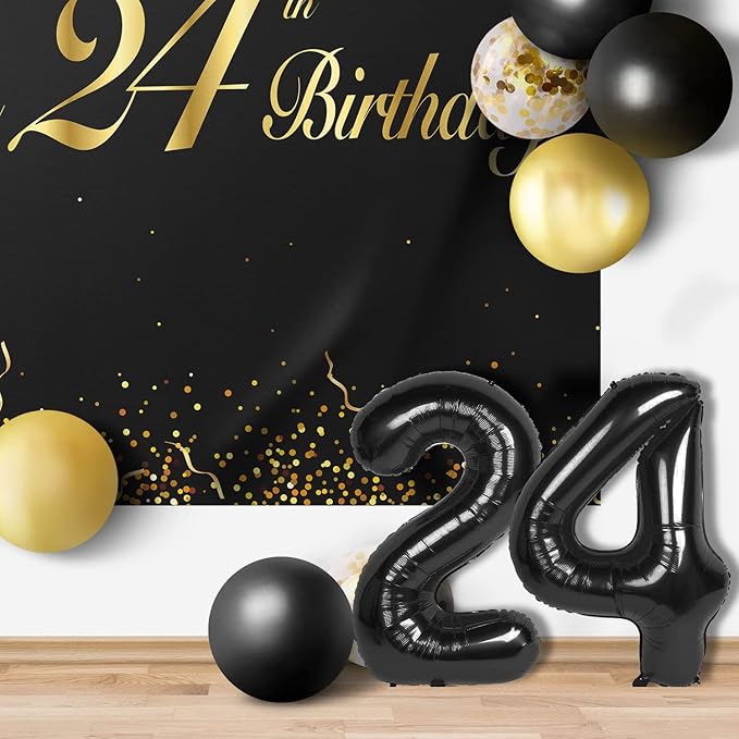 Happy 24th Birthday Balloons Black Set Decor - Cheers to 24 Years Old Party Theme Garland Banner Backdrop Decorations For Women and Men Supplies