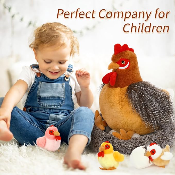 8Pcs Easter Chicken Stuffed Animal, Stuffed Hen with Little Baby Chicks and Coop, Rooster Plush Gifts Toys for Kids, Hit of Christmas Farm Party