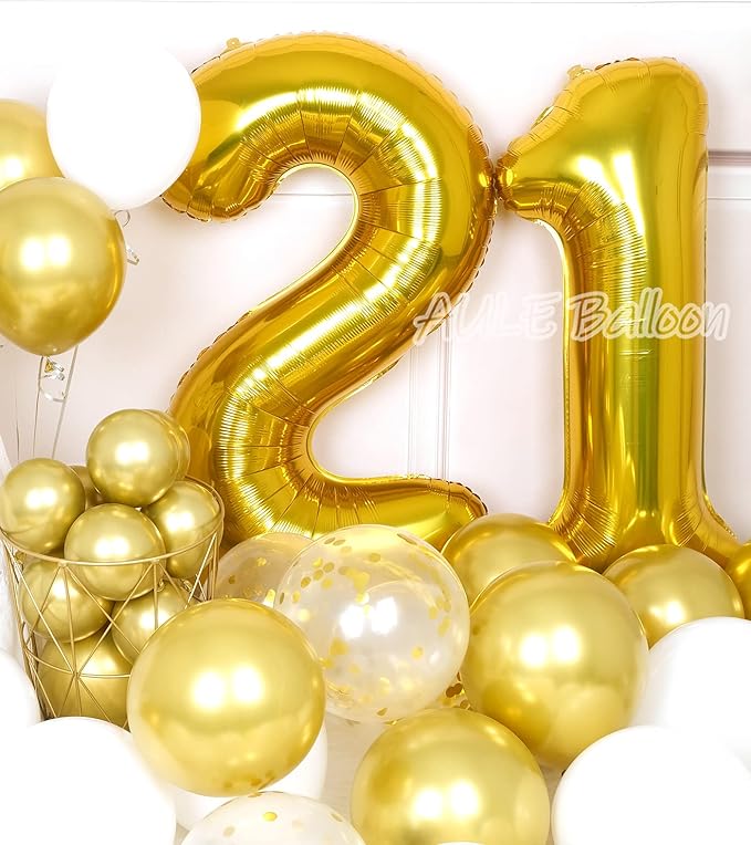 AULE 40 Inch Jumbo Gold Foil Mylar Number Balloons for Men Women 21st Birthday Party Decorations 21 Years Old Anniversary Party Supplies