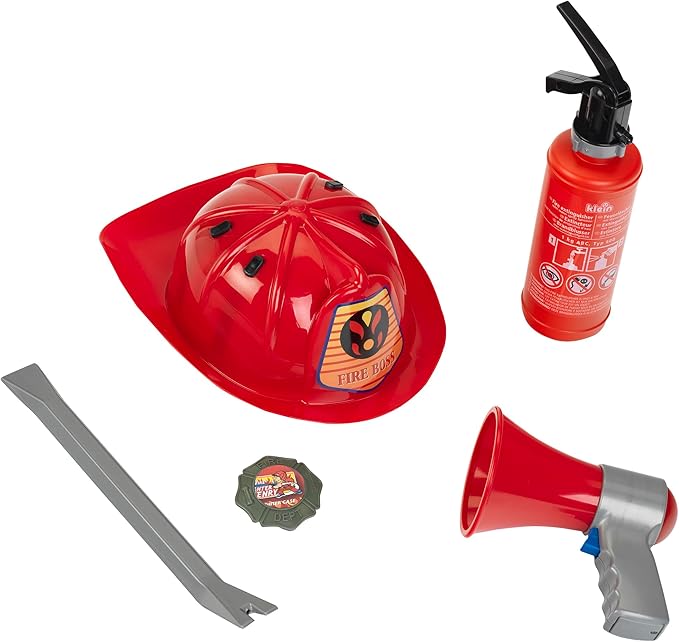 Klein: PRO Firefighter Costume - Red & Yellow - 5pc Set, Dress Up Outfit & Toy Accessories, Megaphone-Crowbar-Badge-Helmet, Pretend Play, Kids Ages 3+