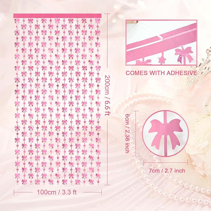 Bow Party Decorations, 2 Pack Pink Coquette Birthday Party Supplies, 3.3 X 6.6 ft Foil Fringe Curtains, Pink Bow Photo Booth Props Backdrop for Girls, Baby Pink, Bridal Shower Party Decor