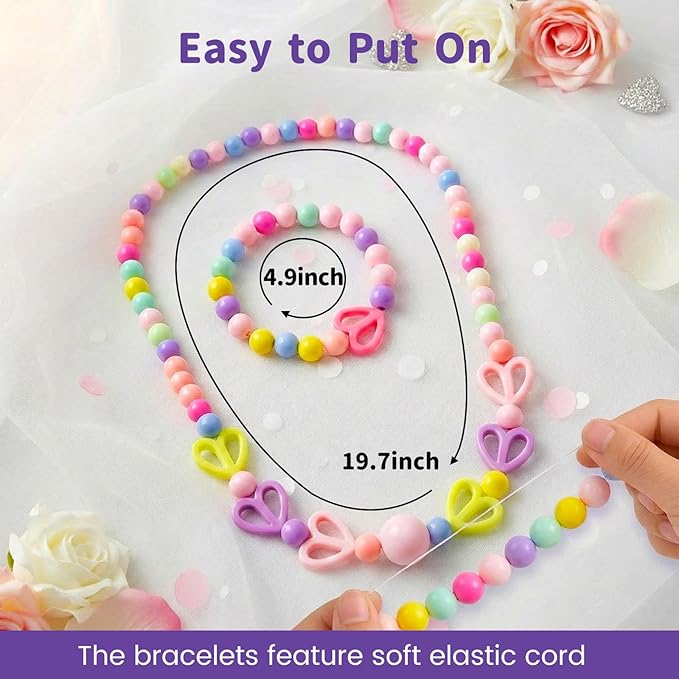BigOtters Little Girls Necklace Bracelet, 6 Sets Lovely Colorful Beads Jewelry Princess Dress up for Toddlers Pretend Play Party Costume, Party Favors Bags for Kids