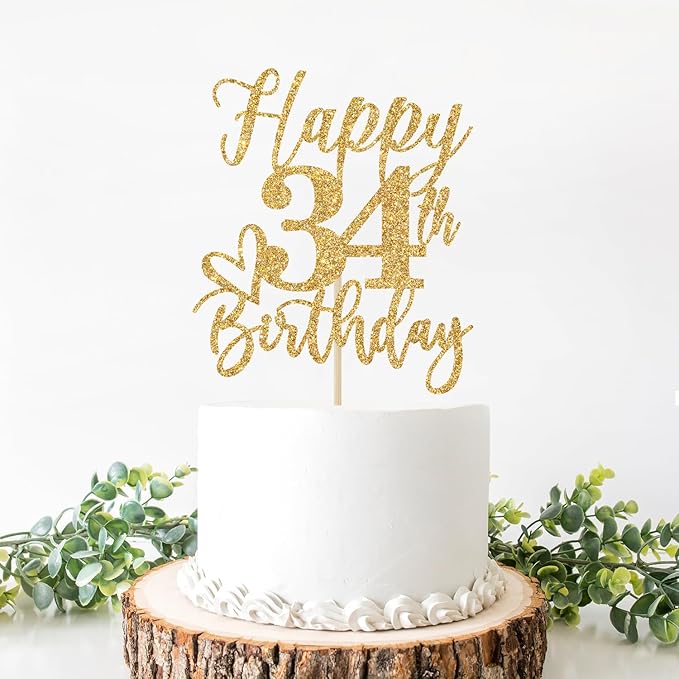 Happy 34th Birthday Cake Topper, 34th Birthday Decorations, Cheers to 34 Years, 34 Happy Birthday Party Supplies Gold Glitter