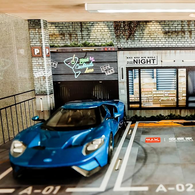 1:24 Scale Car Model Display Case with Parking Lot Scene for Sports Car and Lego Collectors, Display Stand for Alloy Car Model Toy with Light (3-Tiers Coffee Shop Parking Lot)