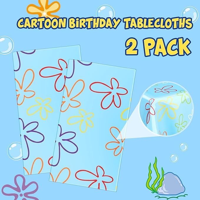 Oudain 2 Sheets Sponge Birthday Party Supplies Blue Ocean Flower Tablecloth 54 x 108 Inch Plastic Table Covers for Birthday Party Decorations