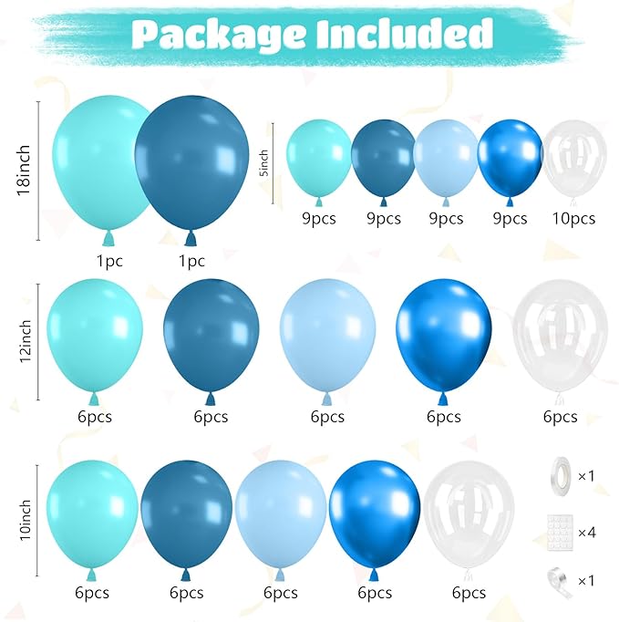 Ocean Themed Party Balloons Arch Kit, Turquoise Blue Teal Clear Metallic Balloons for Kids Ocean Sea Themed Pool Party Baby Shower Birthday Beach Party Decorations