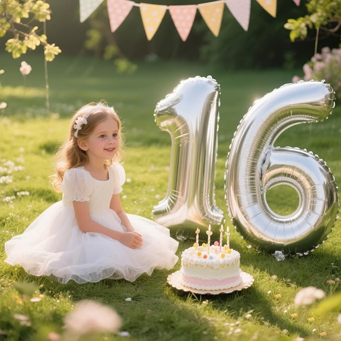 40 Inch Silver Number 16 Digital Balloon,Jumbo Mylar Foil Helium Balloon for 16 Balloons for Birthday Party,Wedding Anniversary Party Decorations