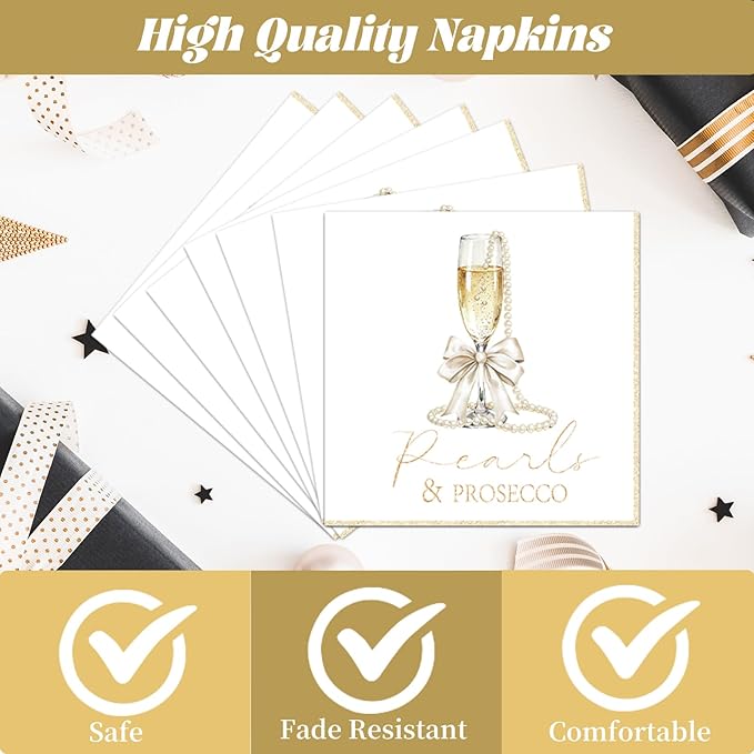 Rakuto Pearls and Prosecco Bridal Shower Decorations, 96PCS Pearls Bow Champagne Disposable Paper Plates Napkins Party Decorations, Bows Prosecco Wedding Bachelorette Bride to Be Decor, Serve 24