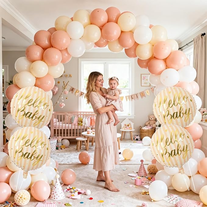 18" Hello Baby Foil Balloons for Welcome Baby Party Decorations, 4pcs Light Pastel Orange Cream Mylar Balloons, Peach Beige Gold Balloon for Gender Neutral Baby Shower Sip and See Party Decor Supplies
