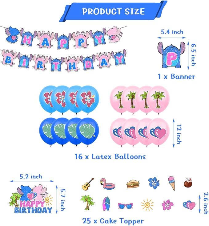 Cartoon Blue Birthday Decorations,Tropical Luau Party Supplies Includes banners,Balloons,Cupcake Toppers and Cake Toppers