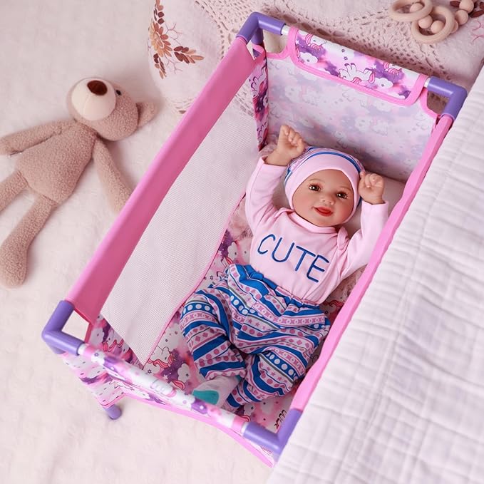 BABESIDE Baby Doll Crib Set for 18 Inch Dolls, Foldable Baby Doll Bed Playpen Toy Crib with Storage Bag for Reborn Baby Doll Accessories, Purple Babydoll Crib