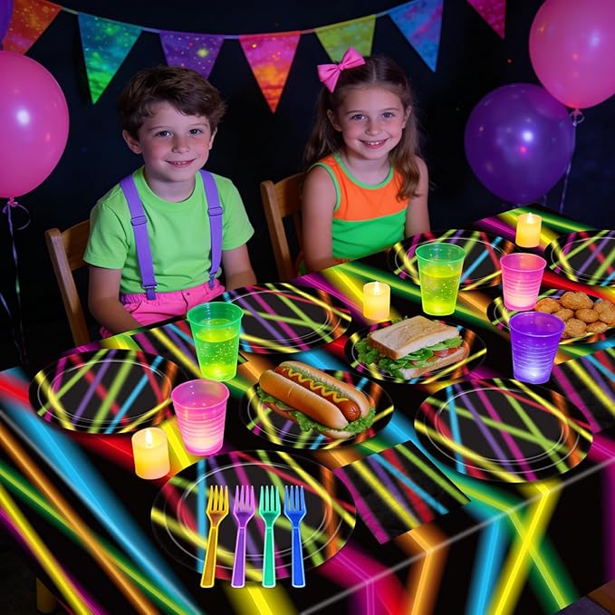81Pcs Glow in the Dark Party Supplies Set - Serves 20, Neon Party Supplies, Includes Plates, Napkins, Fork, Tablecloth for Halloween Glow Birthday Decorations