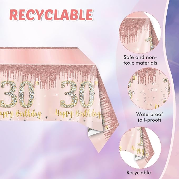 30th Birthday Decorations for Women 30th Birthday Party Supplies Include Rose Gold birthday Plates and Napkins Tablecloth 30th Birthday Supplies Tableware for Women
