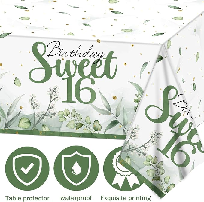 PATIAI Sweet 16 Party Decorations 3Pack Sweet 16th Tablecloths Sage Green 16th Birthday Disposable Plastic Rectangle Table Cover for Her Birthday Party Supplies 71 x 43 Inches