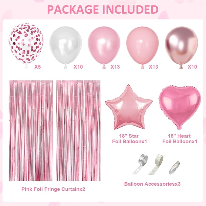 Pink Birthday Party Decorations, Pink and White Pearl Confetti Foil Balloons Happy Birthday Banner Fringe Curtain Butterfly Hanging Swirls Circle Dots Tassels Pompoms for Women Girls Party Supplies