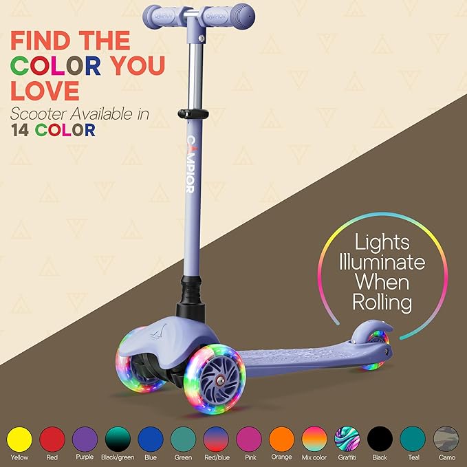 Gray Mini 3 Wheel Scooter for Kids – Lean-to-Steer Kick Scooter with LED Light-Up Wheels, Adjustable Handlebar, Wide Anti-Slip Deck, Smooth PU Wheels, Rear Foot Brake – Suitable for Ages 2+