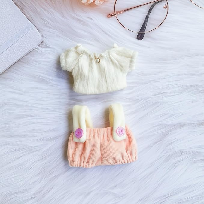 Clothes for Lu bubu 17cm Dolls Accessories(No Doll), Cute Outfit Set 3 Pieces Bib Pants Suitable for 17cm Doll Suit, Stylish Dress Up Overalls Doll Clothing Set Replacement with Hat Clothes Pink