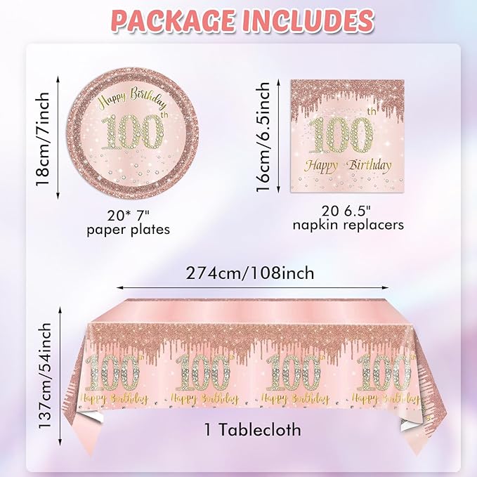 41PCS 100th Birthday Decorations Rose Gold 100th Party Disposable Tableware Set Include 100 Year Old Birthday Plates and Napkins, Plastic Tablecloth For 100 Year Old Gifts Women