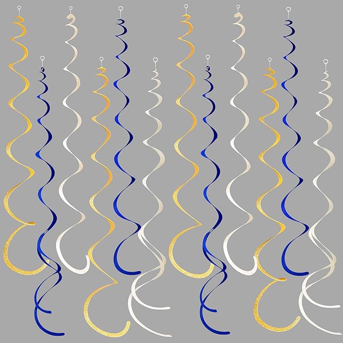 36 Pcs Blue Gold Hanging Swirl Decorations Royal Blue Glitter Gold Beige Felt Swirl Streamer Spiral Ceiling Garland for Birthday Graduation Wedding Baby Shower Retirement Nautical Ahoy Achor Party
