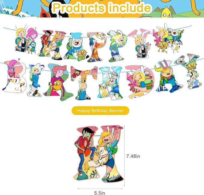 Time of Adventure Themed Birthday Party Supplies Set Happy Birthday Banner, Cake Topper, Cupcake Toppers, Balloons for Cartoon Adventure Kids Party Decorations
