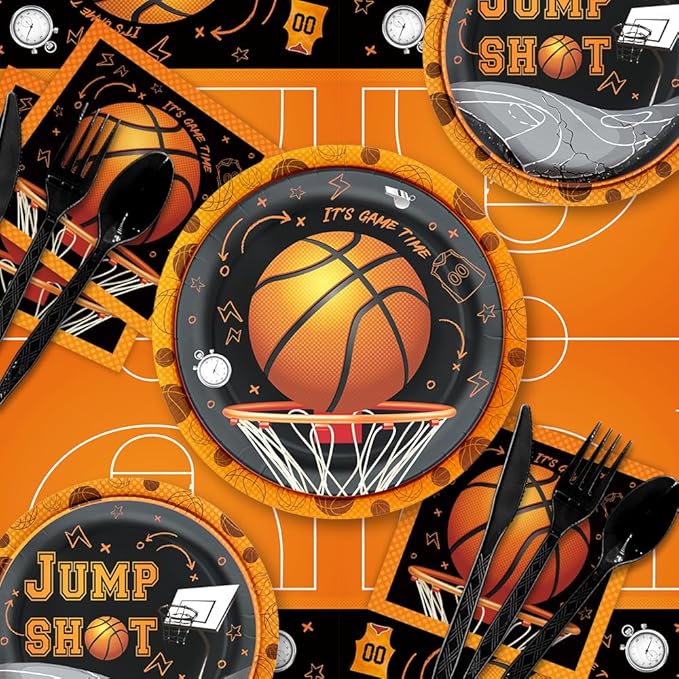 MEHOFOND 194pcs Basketball Party Plates and Napkins Set Birthday Party Decorations Sports Party Supplies Basketball Tableware with Tablecloth Banner for Boy Birthday Party Decor