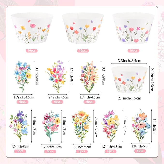 48 Pack Summer Wildflower Cupcake Toppers and Wrappers, Flower Birthday Cake Decoration for Wildflower Theme Birthday Party Baby Shower Party Supplies