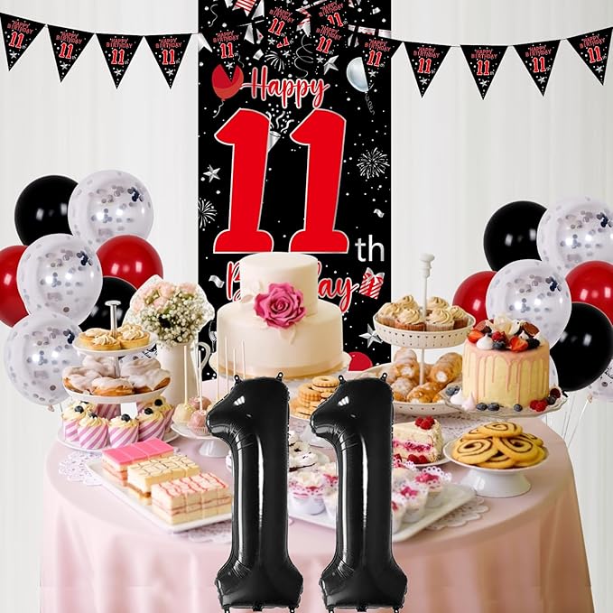 11th Birthday Decorations for Boys Girls, Happy 11th Birthday Decorations Boy, Red Black 11 Year Old Birthday Door Banner, Triangle Flag, Large Number 11 Balloons Bday Party Decor for 11 birthday