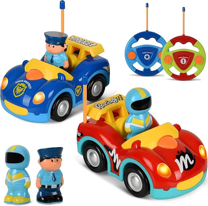 Haktoys Remote Control Cars for Toddlers, 2 Pack Police & Race Car Toy Set with Different Frequency for 2 Player Racing, Toddler Remote Control Car Toys for Boys and Girls