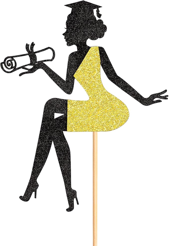 1 Pcs High Heel Girl Graduation Cake Topper with Grad Cap Diploma Cake Pick 2026 Senior Cake Decorations for 2026 Girl Graduation Theme Party - Black Gold Glitter