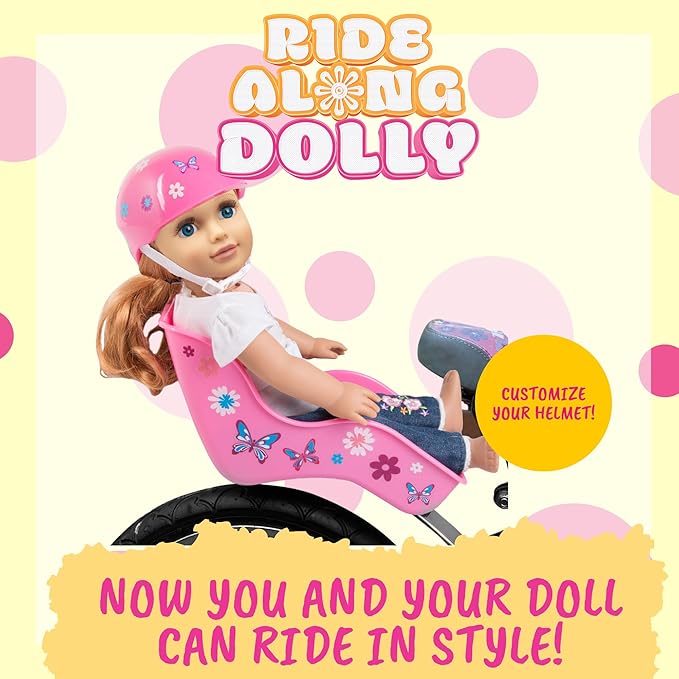 Ride Along Dolly Bike Helmet for 18" Dolls (Pink) - Compatible w American Girl- Bicycle Accessory w Decal Stickers -Ride with Style- Perfect Stocking Stuffer and Christmas Holiday Gift for Girls