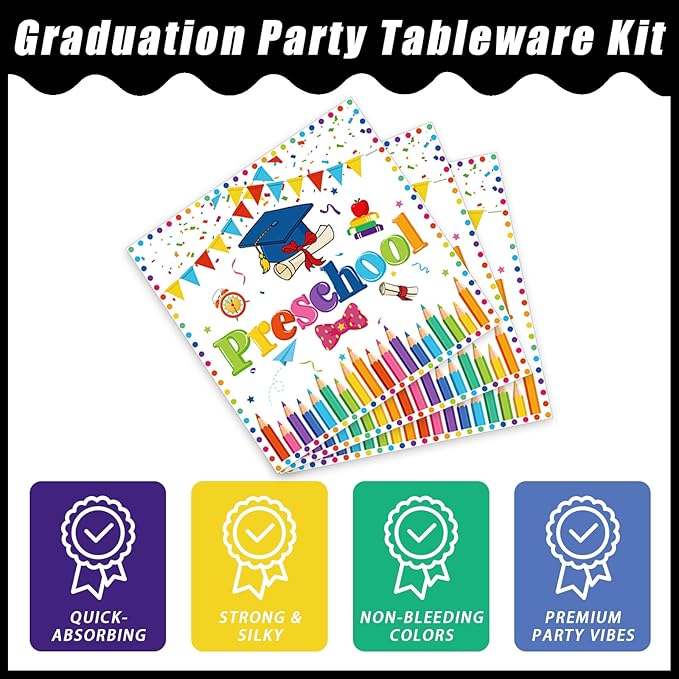 96pcs Preschool Graduation Party Plates and Napkins Set, Pre-K Grad Party Supplies Decorations Preschool Kindergarten Graduation Disposable Paper Plates for Boys Girls, Serves 24 (White)