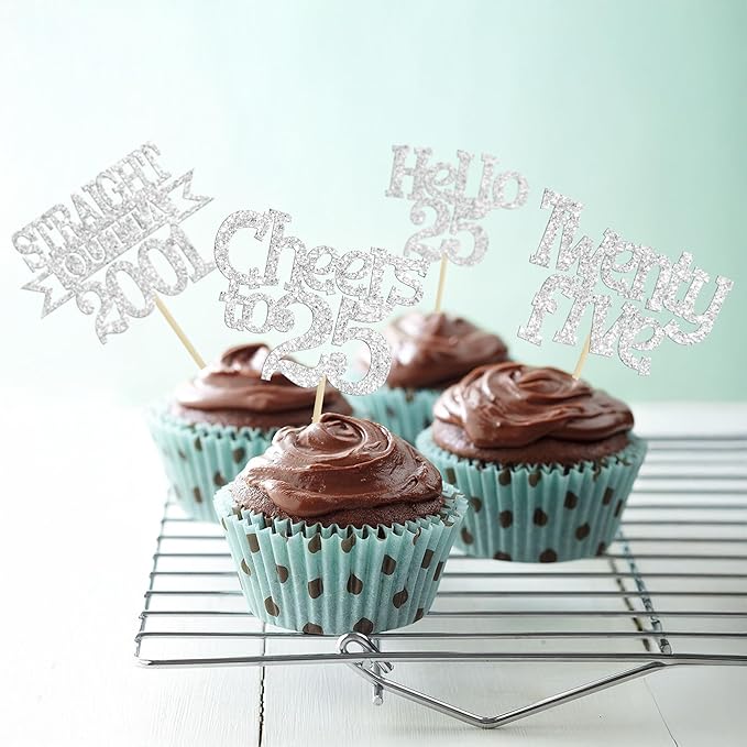 Ephlyn 24Pcs 25th Birthday Cupcake Toppers Glitter Straight Outta 2001 Cupcake Picks Hello 25 Cheers to 25 Years Cake Decorations for 25th Birthday Anniversary Party Decorations Supplies Silver