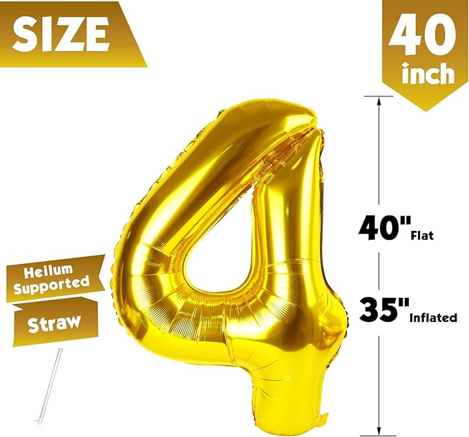 40 Inch Gold Number 4 Balloon, Giant 4 Number Balloons for 4th Birthday Decorations, Party Supplies for Baby Boy Girl, Gold Party Decor