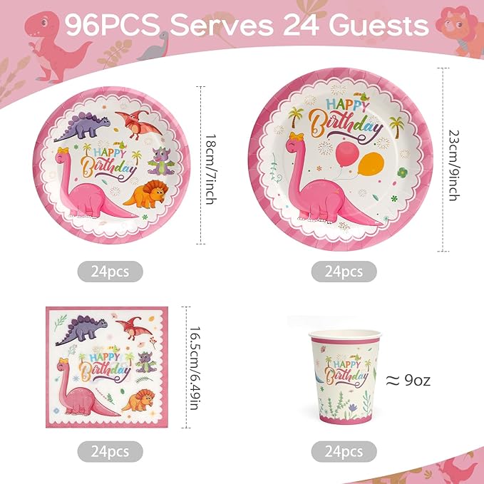 96Pcs Pink Dinosaur Plates Birthday Party Supplies, Dinosaur Paper Plates and Napkins and Cups Baby Shower Birthday Party Decorations for Girl, Serves 24