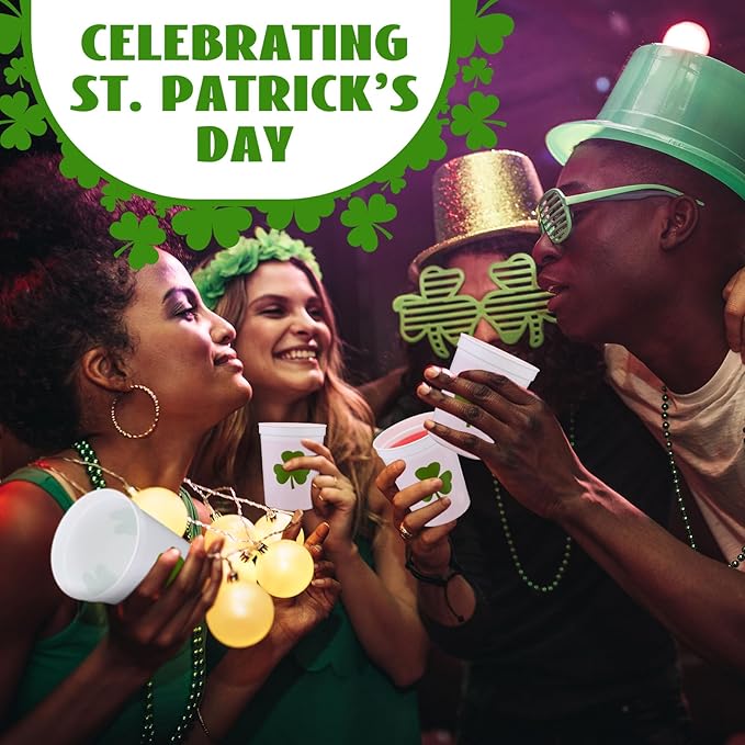 Patelai 32 Pcs St Patricks Day Party Plastic Cups Bulk 16 oz Reusable Lucky Shamrock Cups for St Patricks Day Party Adults Drink Snacks Irish Festival Favors Supplies(White)