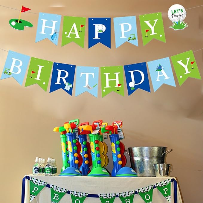 Zwiebeco Blue Green Golf Happy Birthday Banner Bunting Garland Hanging Paper Party Decorations for Boys Girls Mens Womens Adults Golf Sports Themed Bday Decor Accessories Supplies