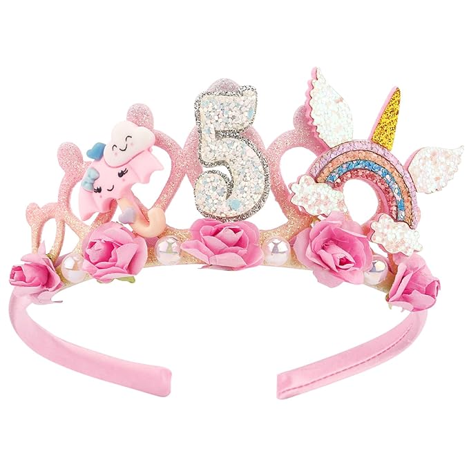 SuPoo 5th Birthday Headband - Pink Flower Crown for Girls' 5th Birthday Party - Cute Princess Tiara Accessory Gift